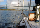 After crossing English Bay, the Lions Gate Bridge is fast approaching with 4 knots of flood tide under us.